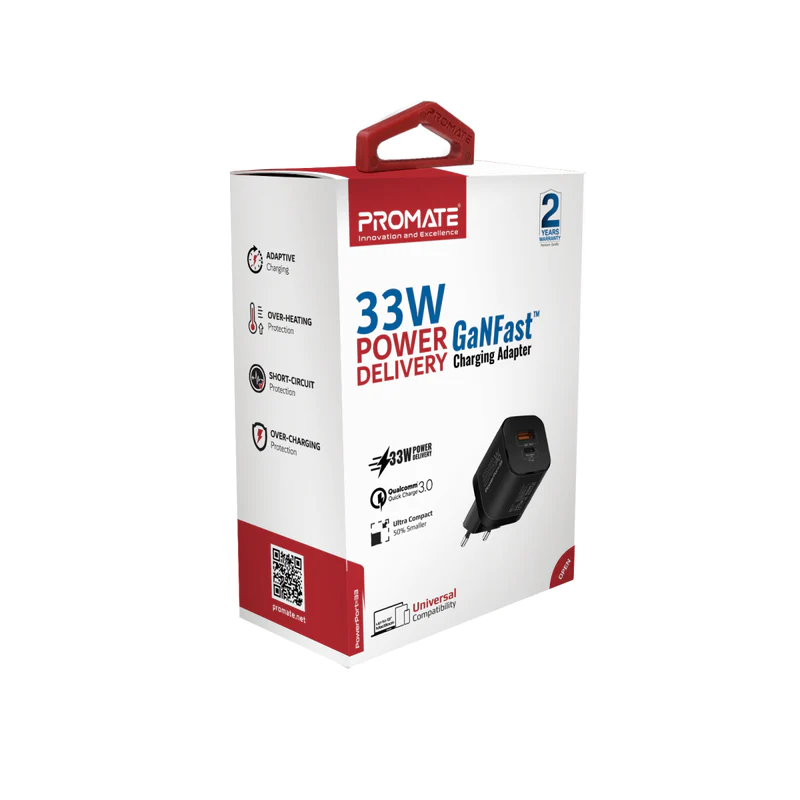 PROMATE POWERPORT-33.EU BK 33W Power Delivery GaNFast™ Charging Adapter PROMATE POWERPORT-33.EU BK 33W Power Delivery GaNFast™ Charging Adapter